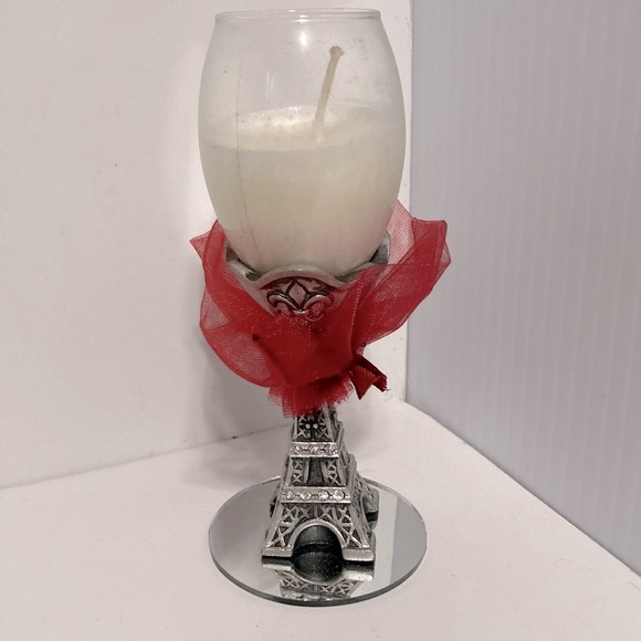 EIFFEL TOWER Wine Glass Candle Holder with Candle and Red Ribbon 4.5 inches - Picture 3 of 14